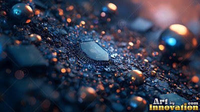 A dark microchip rests on textured gravel with warm orange reflections on round metal beads