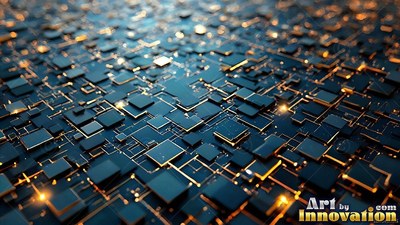 Tilted view across a dark circuit board with square chips and gold light
