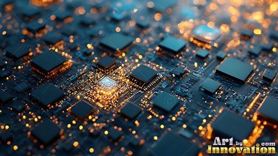 A dark circuit board covered in black chips and bright gold lights