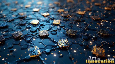 Over a shadowed blue surface, tiny gold and silver computer chips connect by lines