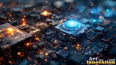 Shining with bright blue light , a round processor sits on a deep gray circuit board