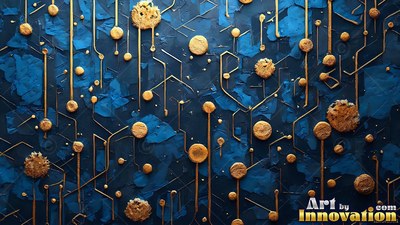 Gold circuit lines and round nodes on a blue background