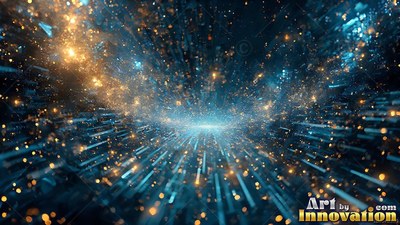 Bright copper sparks drift along a blue circuit board tunnel toward light