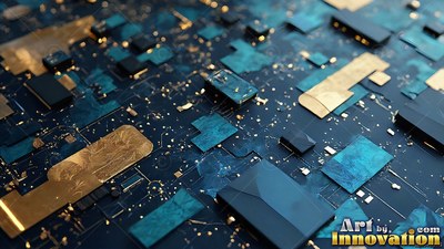 A circuit board spreads outward with flat chips and brushed gold plates