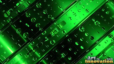 Angled diagonally, bright green circuit boards covered with shiny drops
