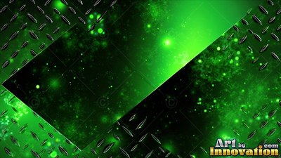 Green diamond plate frames bright floating specks on a dark surface