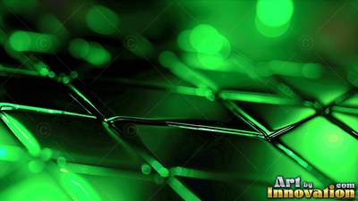 On a dark green surface, shiny triangular tiles catch bright blurred light spots