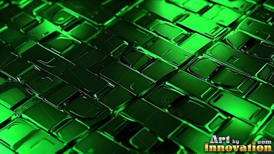 Shining under bright green light, polished metal blocks form a raised pattern