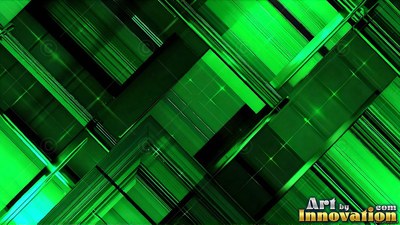 Diagonal bright green panels with small sparkles