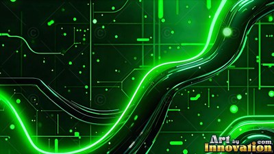 A bright neon edge traces a curved tube across a dark green circuit board