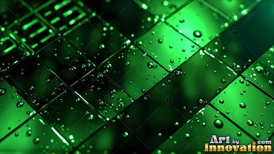 Water droplets rest across dark square tiles lit with bright green neon highlights