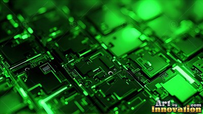 Angled view across a dark green computer circuit board lit with bold green light