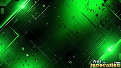 Bold green circuit board patterns with shining light beams along the edges