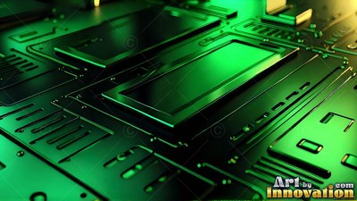 On a black circuit board, raised black panels catch vivid green light