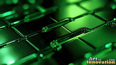 Shining in brilliant green light, polished metal blocks form a circuit grid