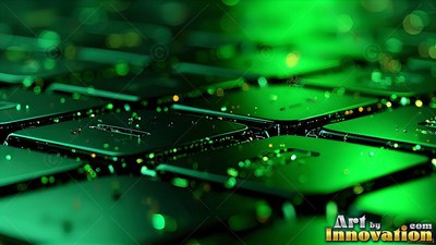 Black square keys covered in vivid green light