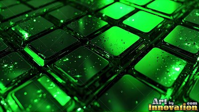 Polished square keys wet with small water droplets shine across a green keyboard grid