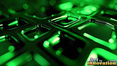 A circuit board slants into the distance under bold green neon lights
