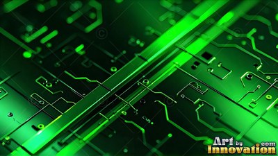 Angled diagonally over a dark green circuit board with bright lines