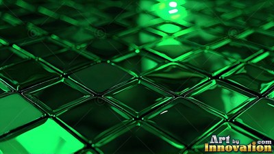 Shiny green square tiles arranged in a slanted grid pattern