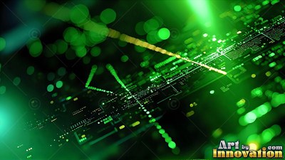 In a dark green space, a bright circuit board sits under round spots of light