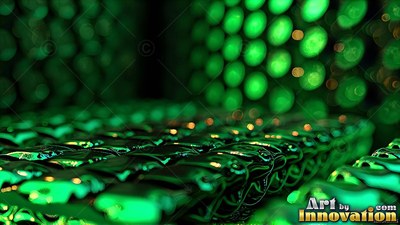 Stretching into dark shadows, rows of glossy green blocks sit beneath round green lights