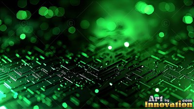 Green computer circuit board with blurred round lights