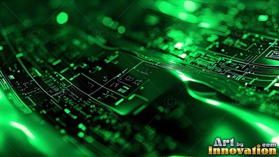Lined paths on a green circuit board angle across a dark, blurred space