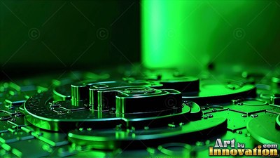 Metallic circuit plates lie stacked across the dark surface in light green light