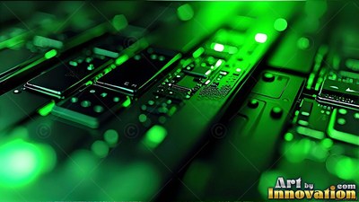 Tilted at an angle across a dark desk, a circuit board shines in green lights