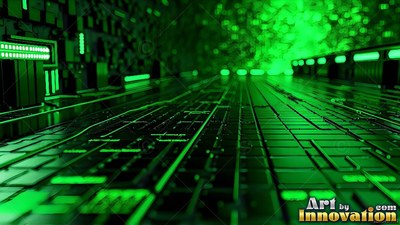 In a dark tunnel, green circuit boards line the floor and walls