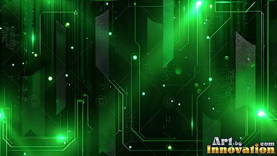 Shining with bright points of light, a green digital circuit board spans the dark space