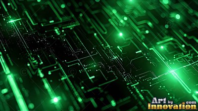 Green circuit board lines with bright points of light