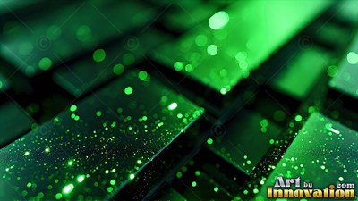 Specks of bright green light scatter across dark green keyboard keys