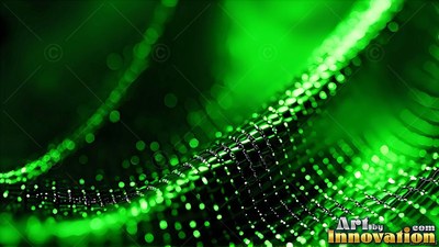 A dark wire grid ripples in waves, shining with tiny points of light green light
