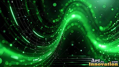 Curving upward across a deep black space, brilliant green light streams sweep in waves