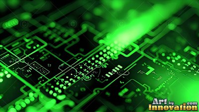 Bright green circuit board lines with a beam of light crossing the surface
