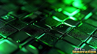 In green light, dark rounded square tiles form an angled grid
