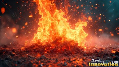 On dark rocky ground, brilliant orange fire burns with flying sparks
