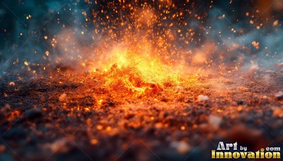 Bursting from dark ground, orange fire throws tiny sparks into gray smoke