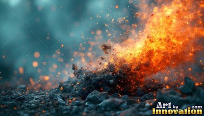 Bright orange fire and sparks bursting from dark rocky ground