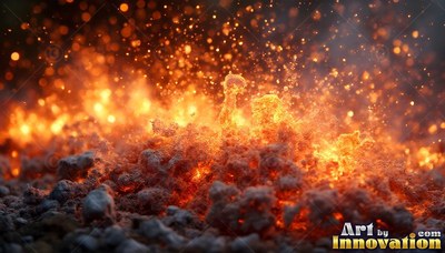 Orange sparks fly above ash and volcanic rock burning with hot orange light