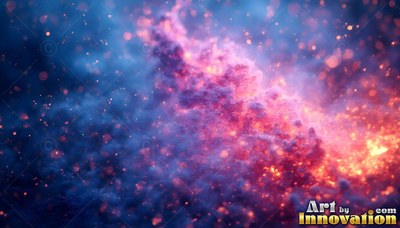 Fluffy clouds drift across deep blue space with soft pink light shining from within