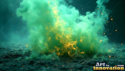 Rising upward from dark ground, green smoke mixes with bright yellow sparks