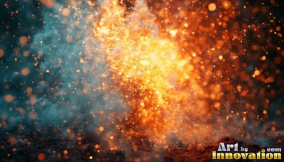 A burst of brilliant orange fire and flying sparks fills deep blue air
