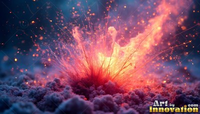 Bursting into sparks, brilliant orange flame rises from purple sand into the dark air