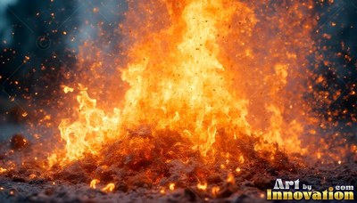 Bright orange flames rise high with yellow sparks from a mound of dark ground at night