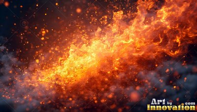 Vivid orange flames surge across dark smoke with fiery sparks floating around them