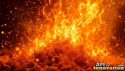 Viewed from low on the ground, bright orange fire erupts into sparks