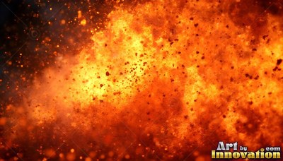 A fiery blast of fiery orange and yellow flames bursting with dark sparks